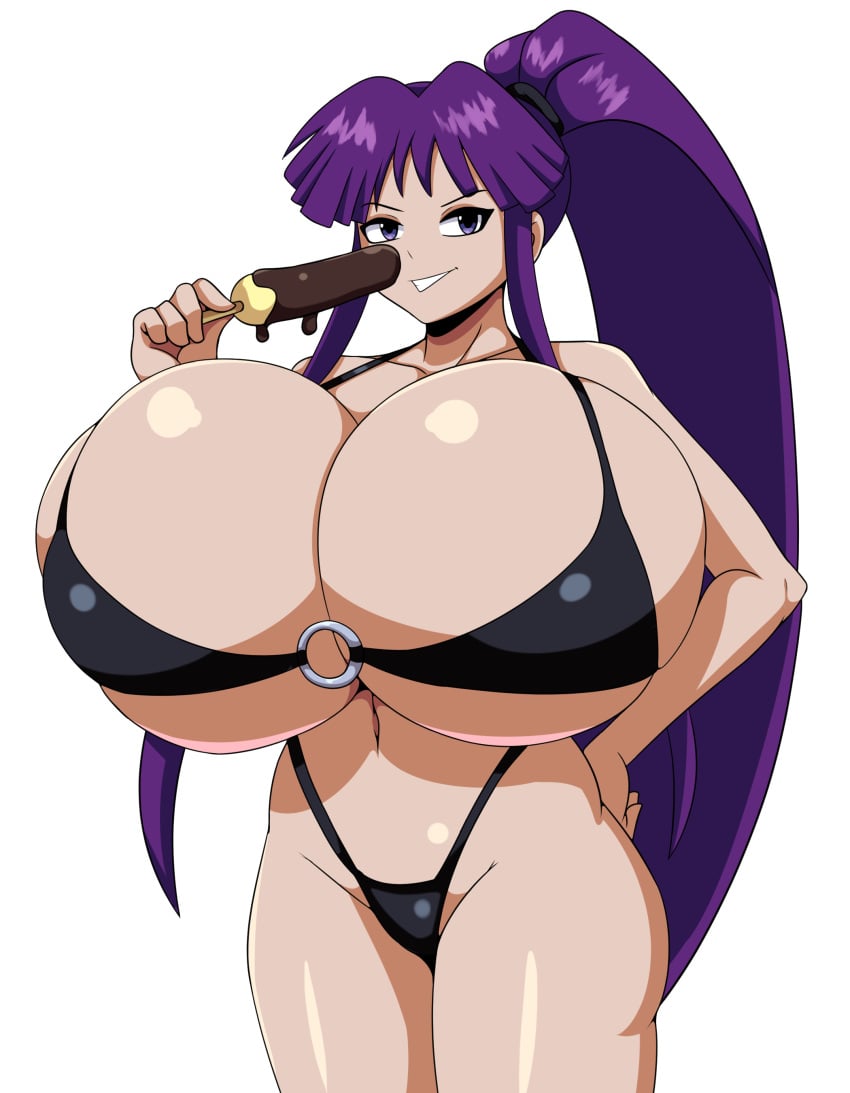 1girls 2024 big_ass big_breasts breasts_bigger_than_head eiken fat_breasts flat_belly huge_breasts iggy-bomb kirika_misono o-ring o-ring_bikini purple_hair thick_thighs wide_hips