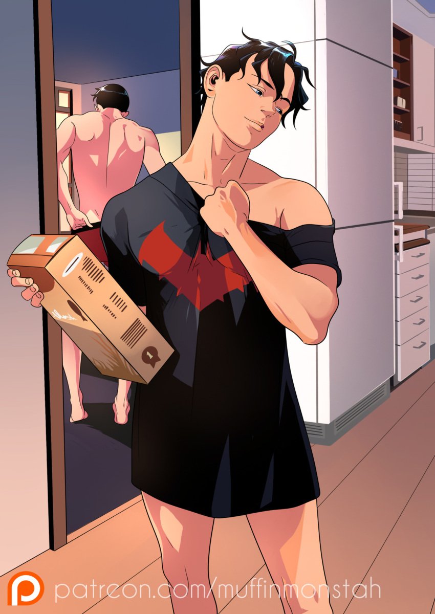 2boys adoptive_siblings after_sex batman_(series) blue_eyes boyfriend_shirt dc dc_comics dick_grayson gay jason_todd loose_clothes male male/male male_only morning_after muffinmonstah nightwing red_hood_(dc) shirt_only suggestive yaoi