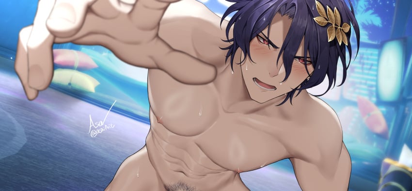 1boy abs asaifrit blue_hair blush cropped dr._ratio_(honkai:_star_rail) gay honkai:_star_rail muscular muscular_male pov pubic_hair sweat sweatdrop tripping yaoi