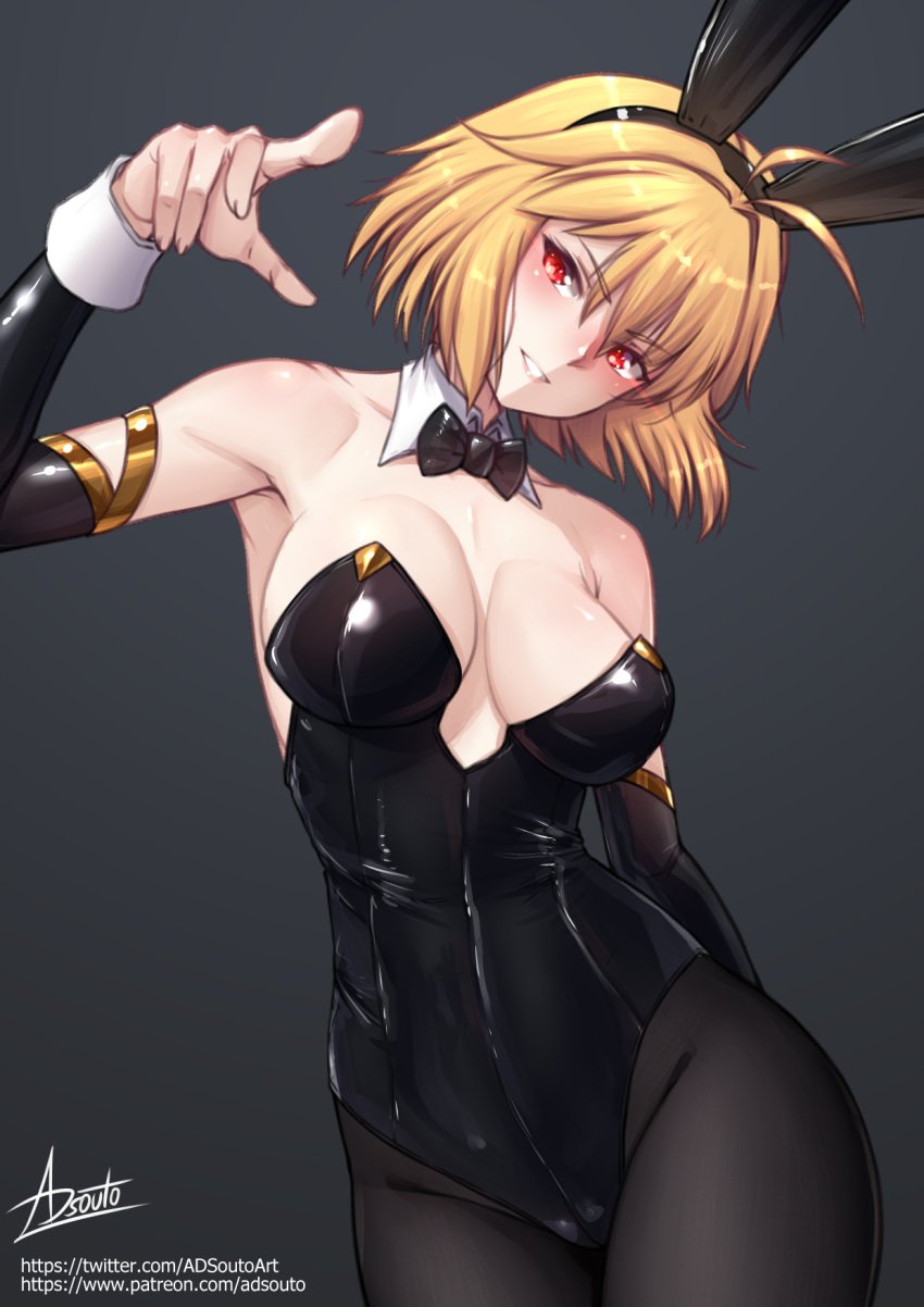 adsouto ahoge alternate_costume animal_ears arcueid_brunestud black_bow black_bowtie black_leotard black_pantyhose black_sleeves blonde_hair bow bowtie breasts detached_collar detached_sleeves fake_animal_ears female female_only fully_clothed gold_trim grin highres leotard medium_breasts pantyhose playboy_bunny pointing pointing_at_viewer rabbit_ears red_eyes revealing_clothes shiny_clothes short_hair signature simple_background smile solo strapless strapless_leotard tight_clothing tsukihime variant_set