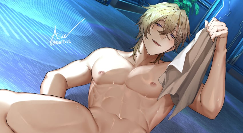 1boy asaifrit aventurine_(honkai:_star_rail) blonde_hair blush cropped honkai:_star_rail nude towel water_drop