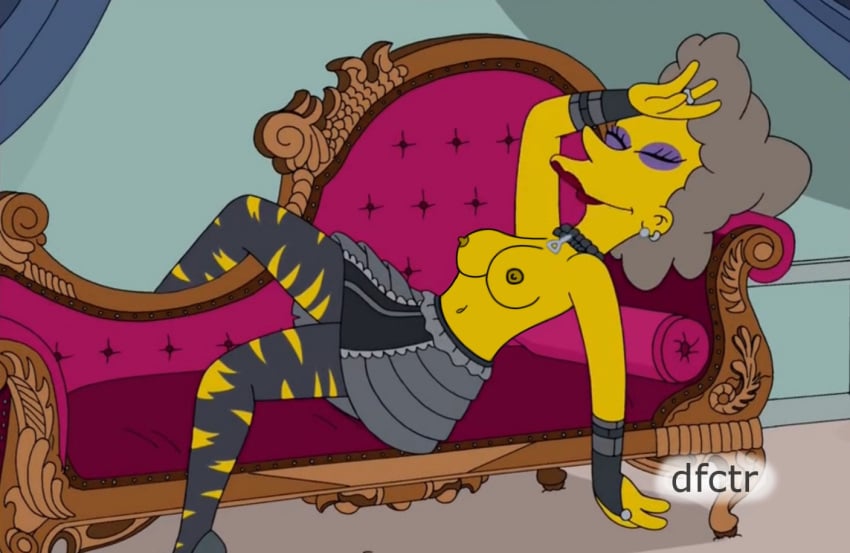 1girls 2024 20th_century_fox 20th_century_studios belly_button black_clothing black_legwear breasts choker cropped cropped_image ear_piercing edited_image exposed_breasts goth_clothing grey_hair heels helen_lovejoy lipstick married_woman nipples screenshot skirt the_simpsons yellow_skin