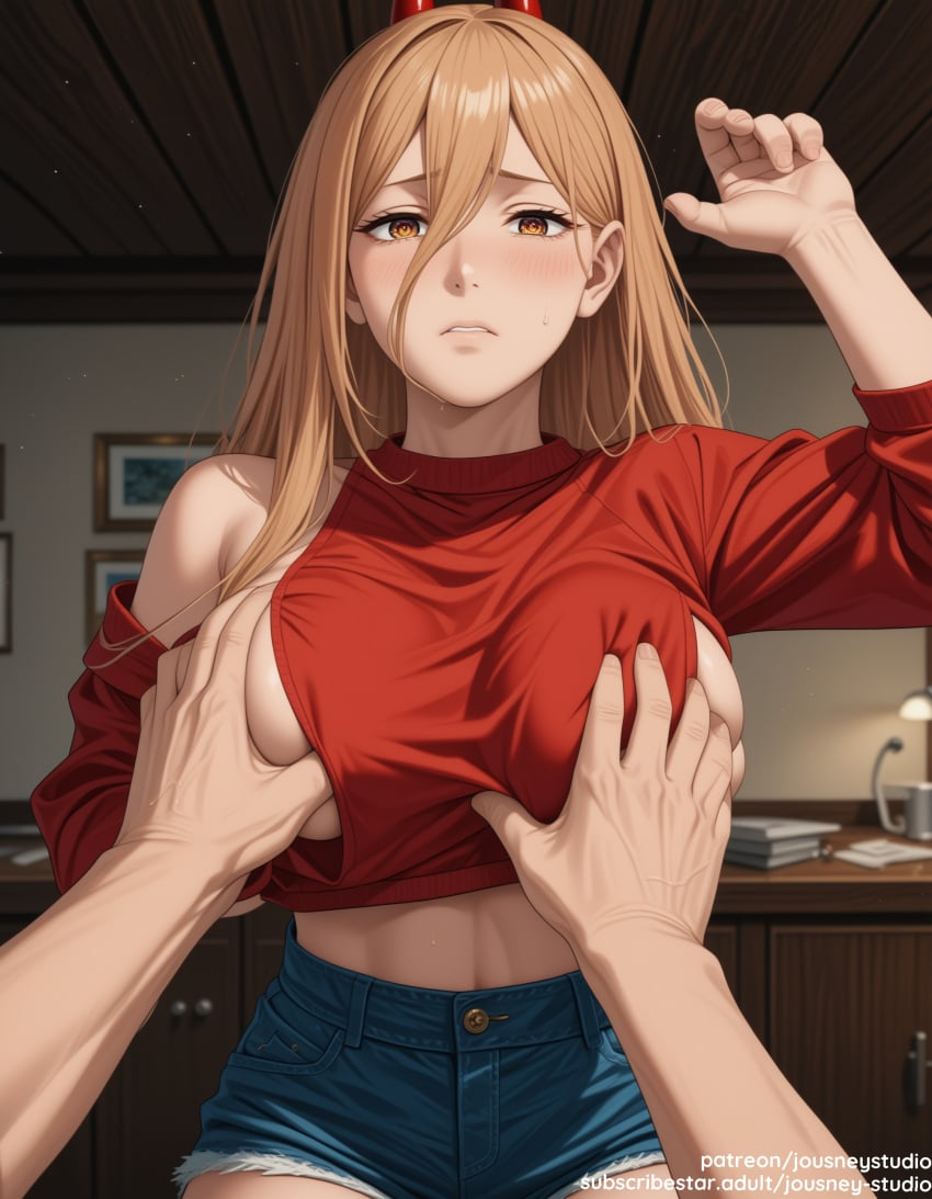 1boy ai_generated bangs bare_shoulders blonde_hair blush breast_grab breasts chainsaw_man closed_mouth clothing crop_top cross-shaped_pupils cutoffs demon_horns denim denim_shorts denji_(chainsaw_man) female female grabbing groping hair_between_eyes horns huge_breasts indoors jousneystudio large_breasts long_hair long_sleeves looking_at_viewer male navel nipples no_bra orange_eyes parted_lips pov pov_hands power_(chainsaw_man) red_horns red_shirt red_sweater shirt short_shorts shorts solo_focus straight sweat sweater symbol-shaped_pupils teeth thighs yellow_eyes