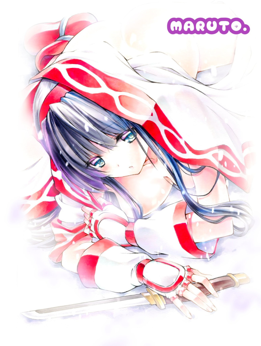 1girls ainu_clothes aqua_eyes ass big_breasts black_hair breasts busty female female_only fingerless_gloves gloves hair_ribbon half-closed_eyes hi_res highres king_of_fighters large_breasts legs long_hair looking_at_viewer lying nakoruru no_bra on_stomach pants parted_lips pose posing ribbon samurai_shodown sensual smile snk snow snowing solo the_pose thighs traditional_media voluptuous weapon