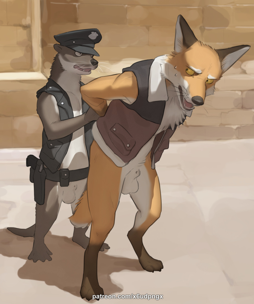 2024 5:6 animal_genitalia anthro balls biped bottomless bottomless_anthro bottomless_male brown_body brown_fur canid canine claws clothed clothing countershade_torso countershading digital_media_(artwork) digitigrade duo fox fully_sheathed fur genitals hi_res male male_anthro male_focus male_only mammal multicolored_body multicolored_fur mustelid orange_body orange_fur otter paws pngx_(artist) police police_hat police_officer red_fox semi-anthro sheath toe_claws topwear true_fox vest whiskers white_balls white_body white_fur white_sheath yellow_eyes