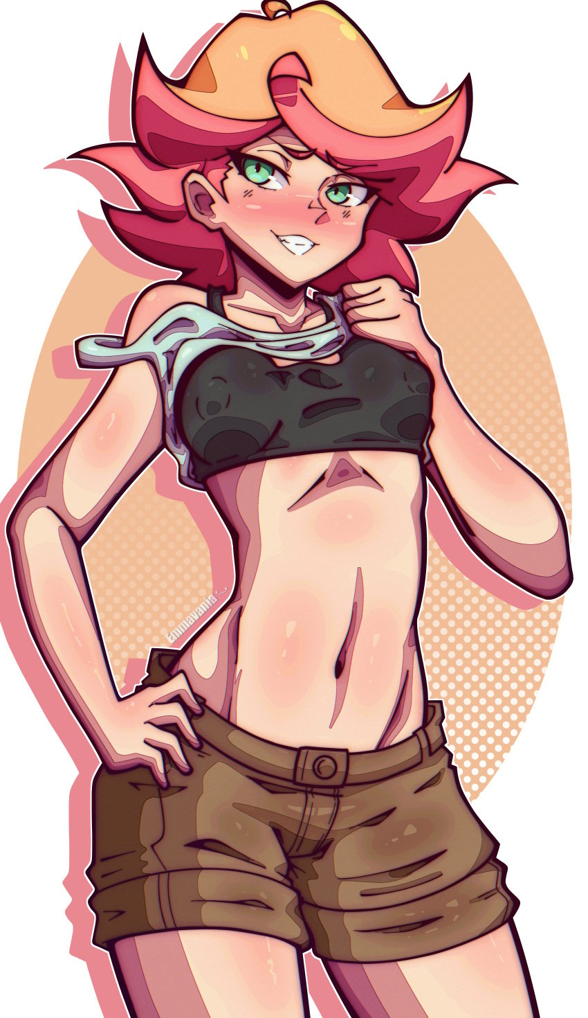 1girls amanda_o'neill bra breasts clothed emmavania female female_only green_eyes highres lifting_shirt little_witch_academia midriff orange_hair partially_clothed pink_hair pinup shorts tanktop tomboy two_tone_hair witch