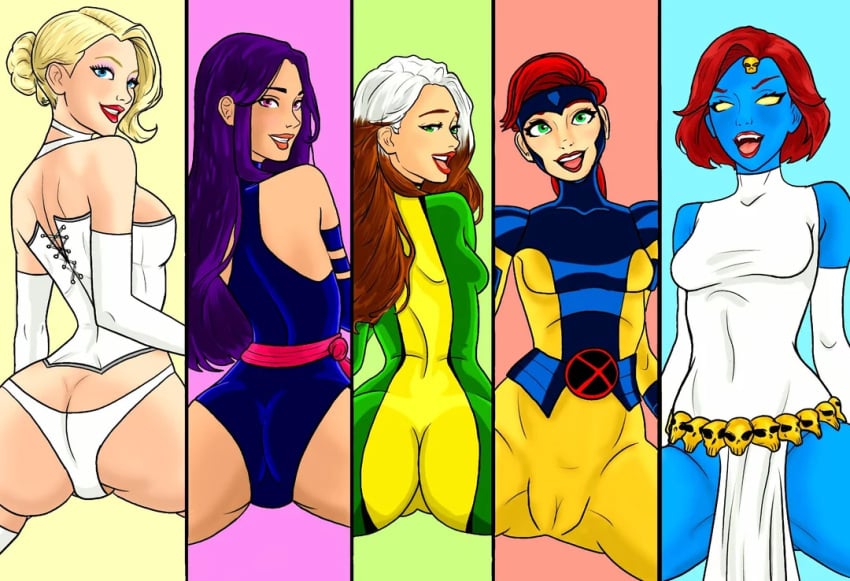 5girls anna_marie ass betsy_braddock big_ass blonde_hair blue_eyes blue_skin brown_hair dat_ass emma_frost evilwizardcatraaaaar female female_only glowing_eyes green_eyes jean_grey looking_at_viewer marvel marvel_comics marvel_girl multiple_girls mystique pov pov_eye_contact psylocke purple_eyes purple_hair raven_darkholme red_hair rogue_(x-men) white_queen white_streak x-men yellow_eyes