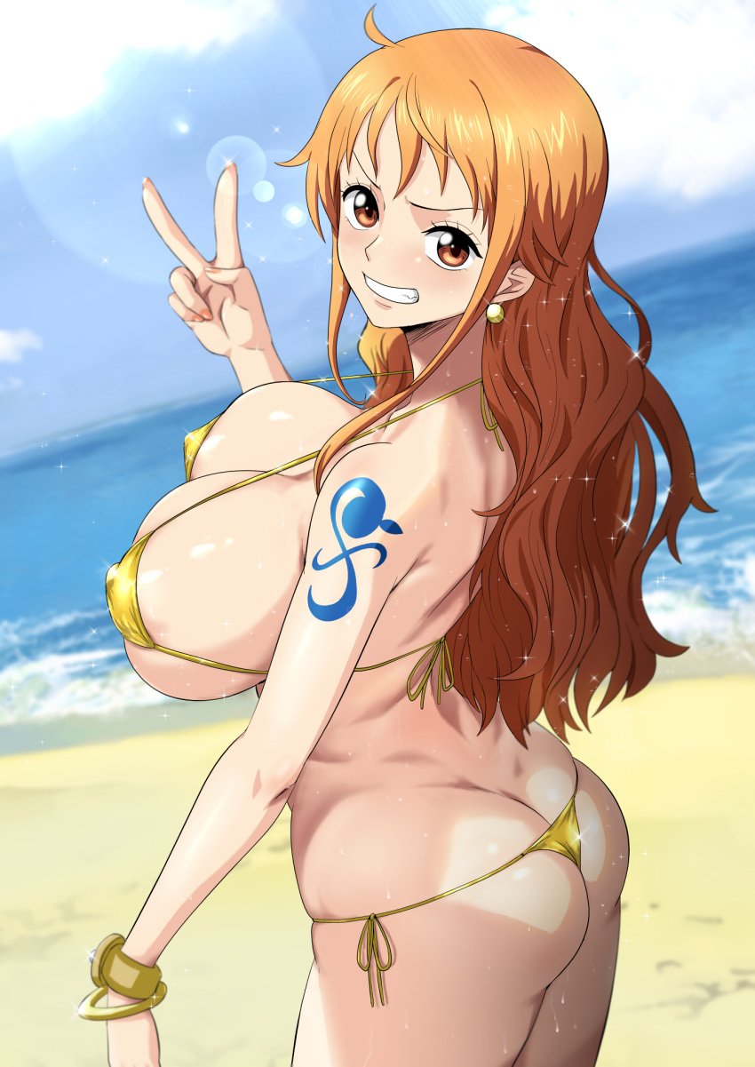 1girls ass beach big_ass big_breasts bikini blush breasts female female_only gold_bikini huge_ass huge_breasts large_ass large_breasts minpei_ichigo nami nami_(one_piece) one_piece orange_eyes orange_hair solo solo_female tattoo thick_thighs thighs