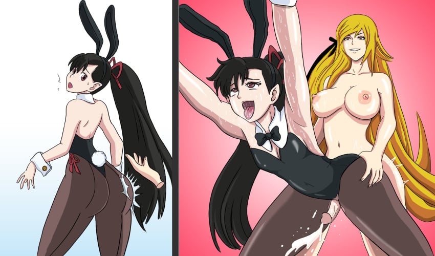 1boy 1girls anal anal_sex ass ass_grab ass_slap bakemonogatari bunny_ears bunnysuit character_request clothed_sex crossdressing doggy_style femboy femdom futa_on_femboy futa_on_male futanari kiss-shot_acerola-orion_heart-under-blade large_ass large_breasts leotard long_hair male_penetrated monogatari_(series) oshino_shinobu pegging ponytail shishirui_seishiro wide_hips yohana