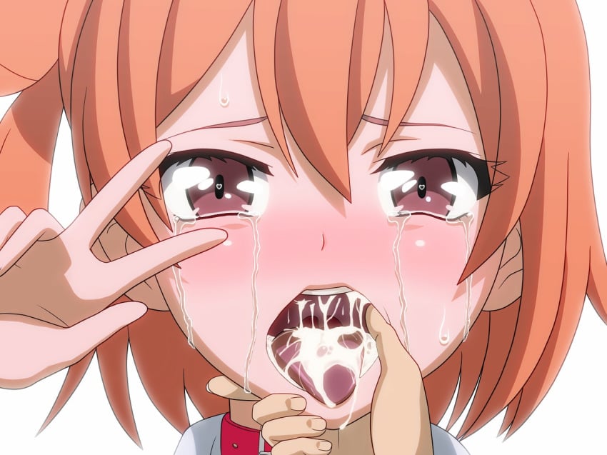 blush brown_eyes brown_hair chin_grab collar cum cum_in_mouth face female finger_in_another's_mouth hair_bun heart heart-shaped_pupils kh-fullhouse my_teen_romantic_comedy_snafu open_mouth short_hair symbol-shaped_pupils tears tongue yuigahama_yui