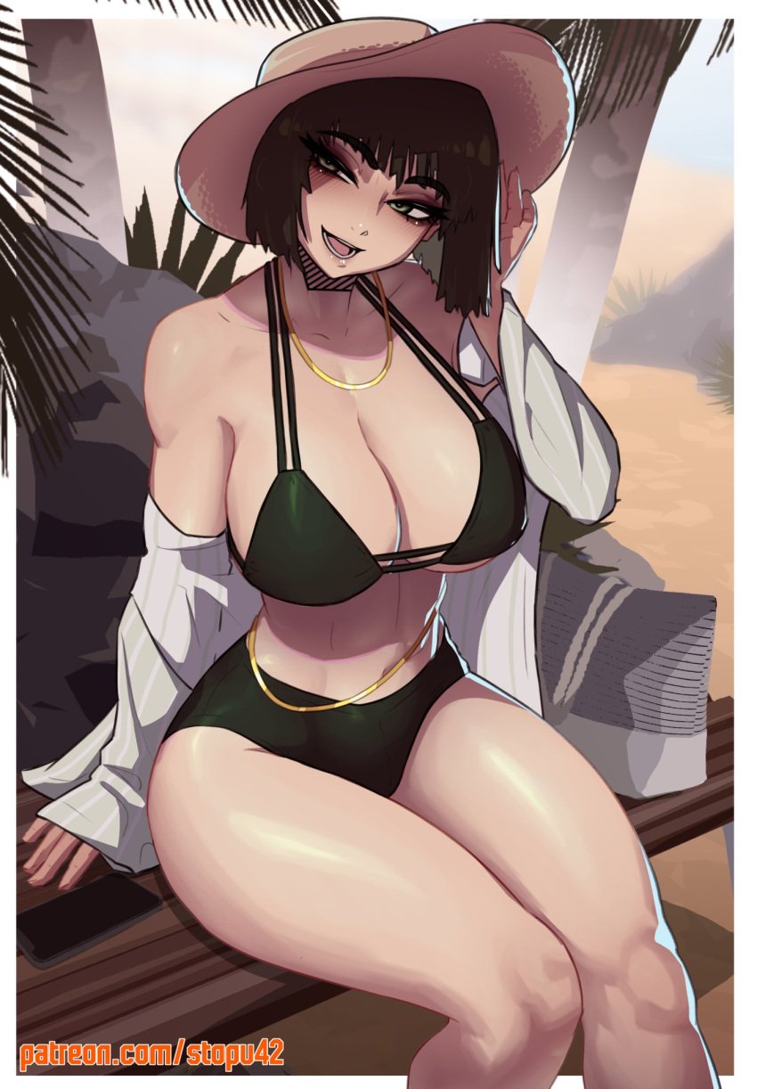 1girls bare_arms bare_legs bare_shoulders bare_thighs big_breasts bikini bikini_bottom bikini_top blush clothed clothing color female female_focus female_only fit_female fubuki_(one-punch_man) green_eyes green_hair hat hi_res hourglass_figure jewelry knees large_breasts light-skinned_female light_skin looking_at_viewer mature_female midriff one-punch_man perfect_legs shiny_skin short_hair sitting slim_waist solo solo_female stopu tagme thick_thighs thighs thighs_together wide_hips