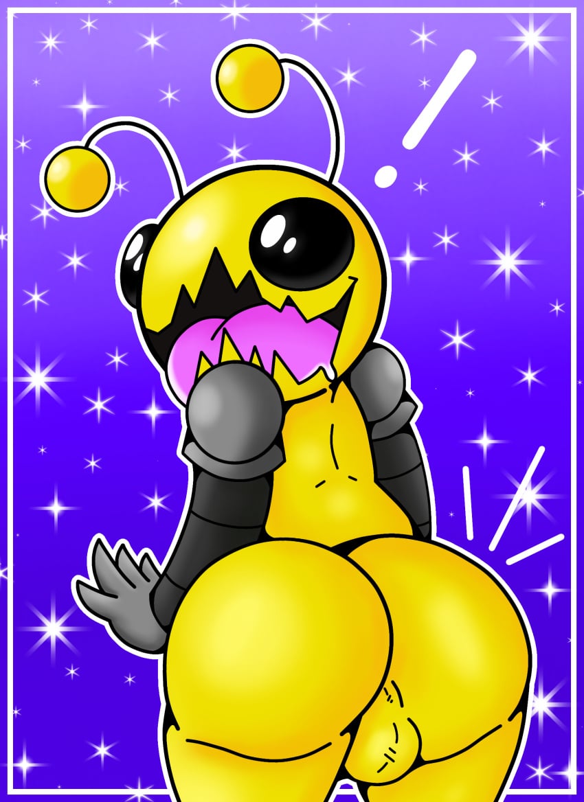 absurd_res acqua_lizard alien alien_hominid alien_hominid_(character) alien_humanoid arthropod ass balls big_balls big_butt black_eyes castle_crashers genitals hi_res humanoid male male/male smile smiles smiling_at_viewer solo space thick_thighs tongue tongue_out wide_hips yellow_body