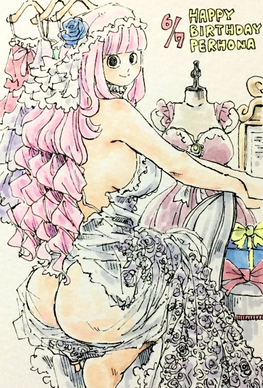 ass female female_only huge_ass large_breasts one_piece perona pink_hair puipui squatting tagme transparent transparent_dress