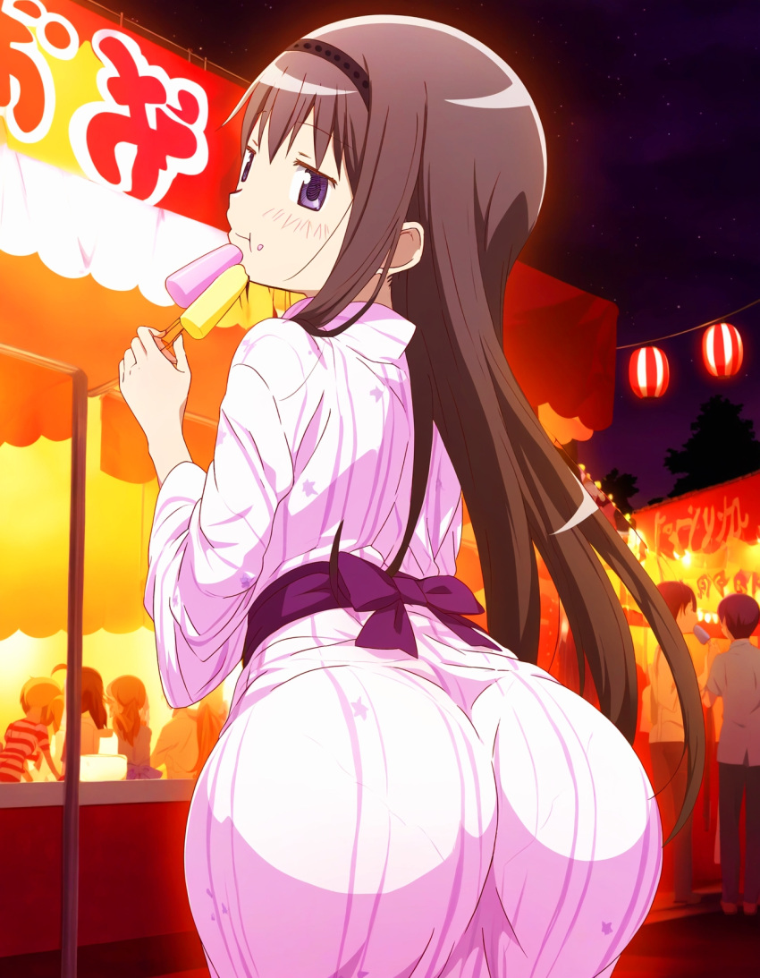 ai_generated akemi_homura ass big_ass big_butt black_hair bubble_ass bubble_butt eating fat_ass kimono long_hair madoka_worship magical_girl mahou_shoujo_madoka_magica puella_magi_madoka_magica purple_eyes ribbon round_ass round_butt straight_hair yukata