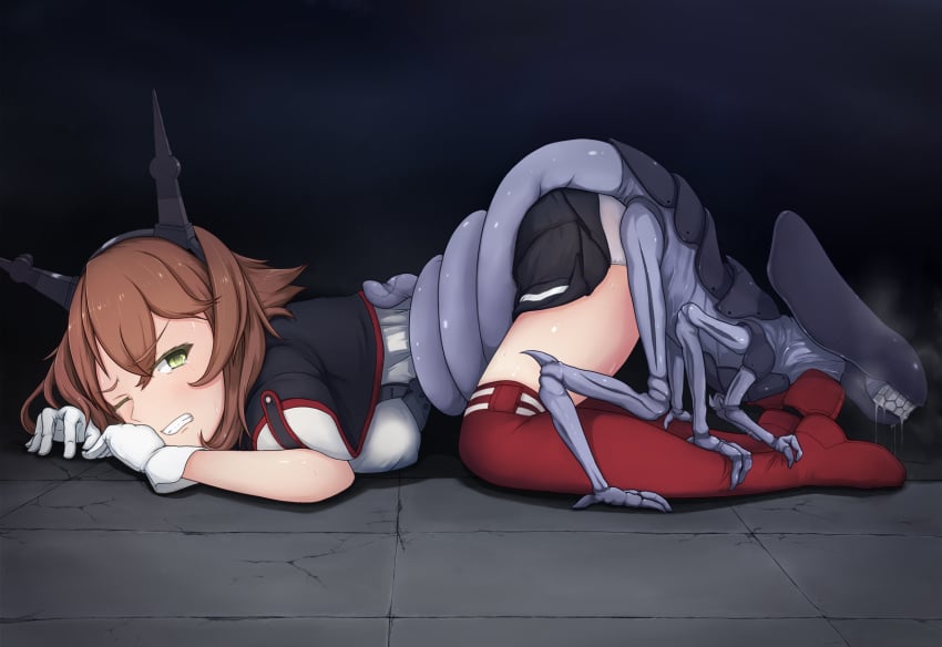 1girls alien_(franchise) black_skirt blush brown_hair clenched_teeth clothed_sex clothing female from_behind gloves green_eyes interspecies kantai_collection male mutsu_(kantai_collection) one_eye_closed panties penetration rape red_legwear red_thighhighs shirt short_hair size_difference skirt skirt_lift spread_legs tears thighhighs vaginal_penetration white_panties xenomorph yakuto007