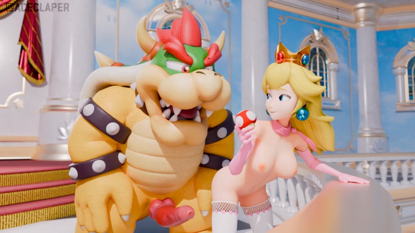 1boy 1girls 3d 3d_model 3d_render aceclaper blender blender_(software) blender_cycles bowser breasts cuckold cuckquean dragon female leaning_on_object lingerie male mario_(series) monster monster_cock mushroom nintendo princess_peach socks