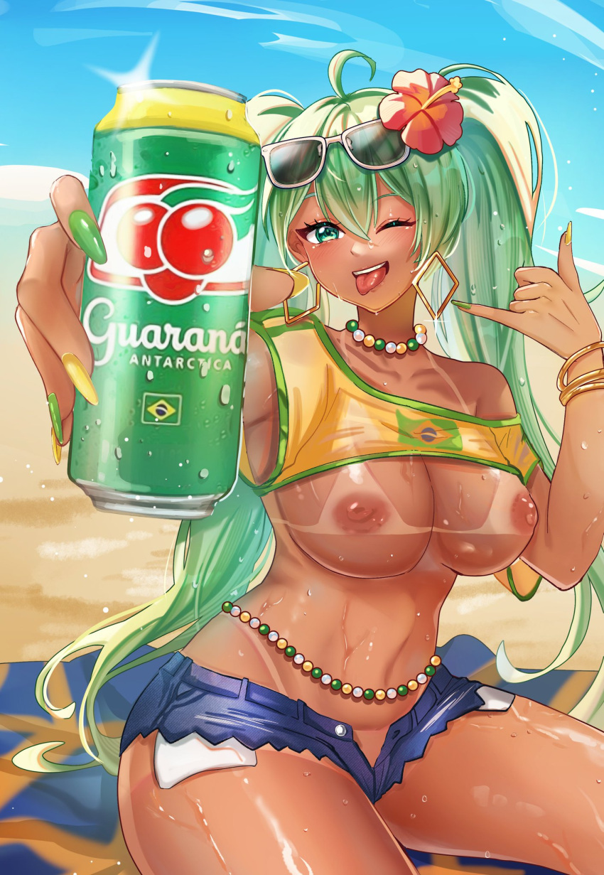 1girls areola artist_request ass beads big_ass big_breasts big_thighs brazil brazilian brazilian_female brazilian_miku breasts cyan_eyes cyan_hair dark-skinned_female dark_skin earrings female female_only guarana guarana_antarctica hair_ornament hatsune_miku highres huge_ass huge_thighs jewelry latin_american_hatsune_miku_(meme) long_hair looking_at_viewer nipples nude shirt shorts solo sweat sweatdrop sweating tagme tan tan_body tan_skin thick_hips thick_thighs thighs twintails vocaloid waist_beads yellow_shirt