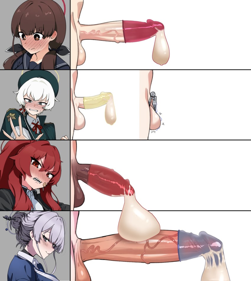 4futas 4girls ashiharatsumori_koito blush brown_eyes brown_hair chastity_cage clenched_teeth closed_mouth condom condom_on_penis cum_volume_chart dark_penis erection etoast flat_chastity_cage futa_only futanari green_hat grey_eyes grey_hair hair_between_eyes hair_ornament hair_stick halo hat highres huge_cock itokonoue_kaoru kuzunoha_rei large_penis long_hair looking_at_viewer multiple_girls ohitome_kohane penis penis_chart penis_size_chart project_kv red_eyes red_hair red_halo smile teeth testicles uncensored used_condom used_condom_on_penis veins veiny_penis white_hair yellow_halo