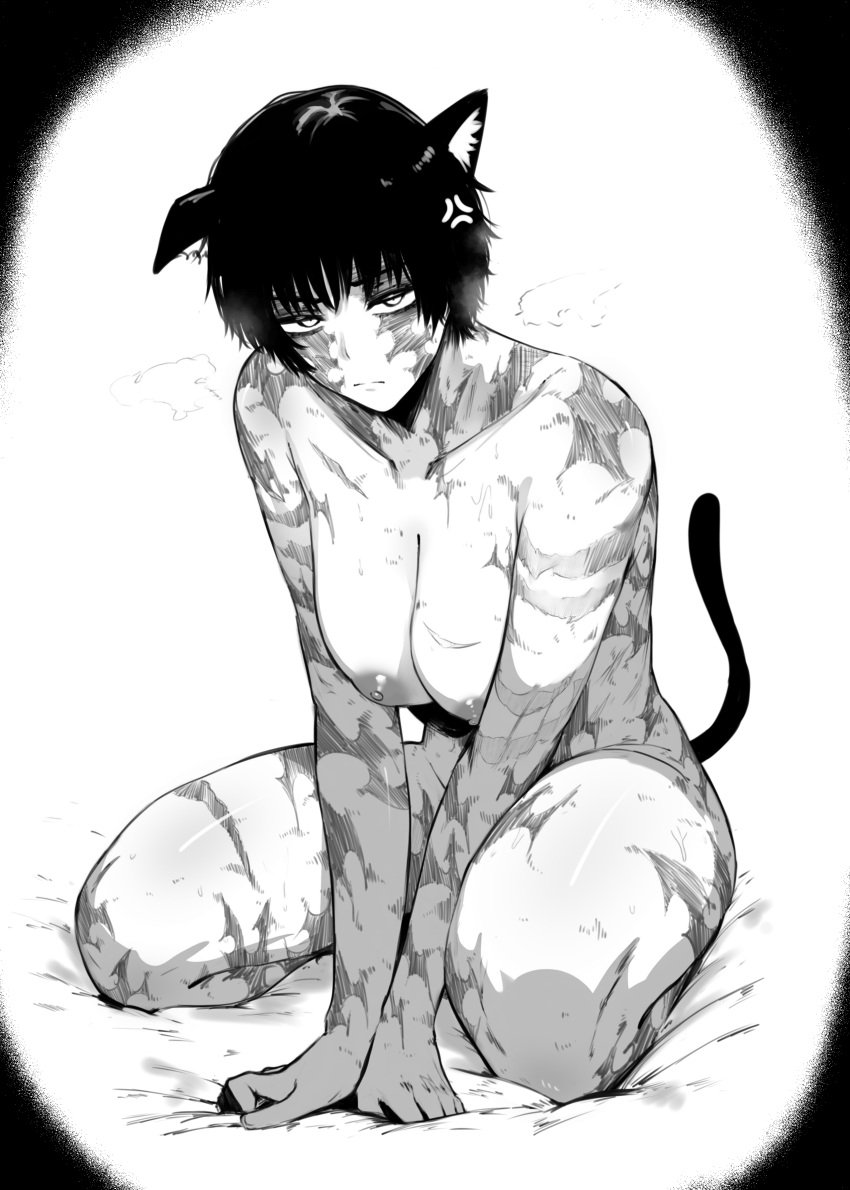 2d 2d_(artwork) big_breasts black_and_white breasts burn_scar cat_ears cat_tail catgirl female jujutsu_kaisen masoq095 monochrome nude nude_female sitting solo solo_focus tagme zenin_maki