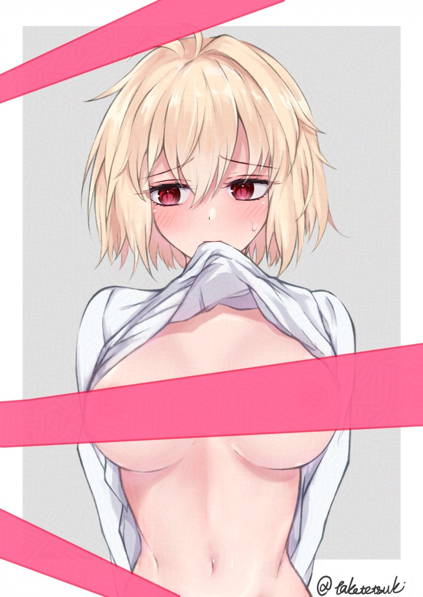 alternate_version_available arcueid_brunestud blonde_hair blush border breasts clothes_lift female grey_background highres large_breasts mouth_hold navel nipples red_eyes see-through short_hair simple_background solo sweater sweater_lift taketuki_217 tsukihime twitter_username white_border white_sweater