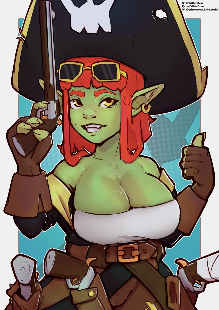 critterstew earring goblin goblin_female green_skin gun hips hips_wider_than_shoulders large_breasts pirate pirate_girl pirate_hat red_hair short_stack shortstack shortstacked