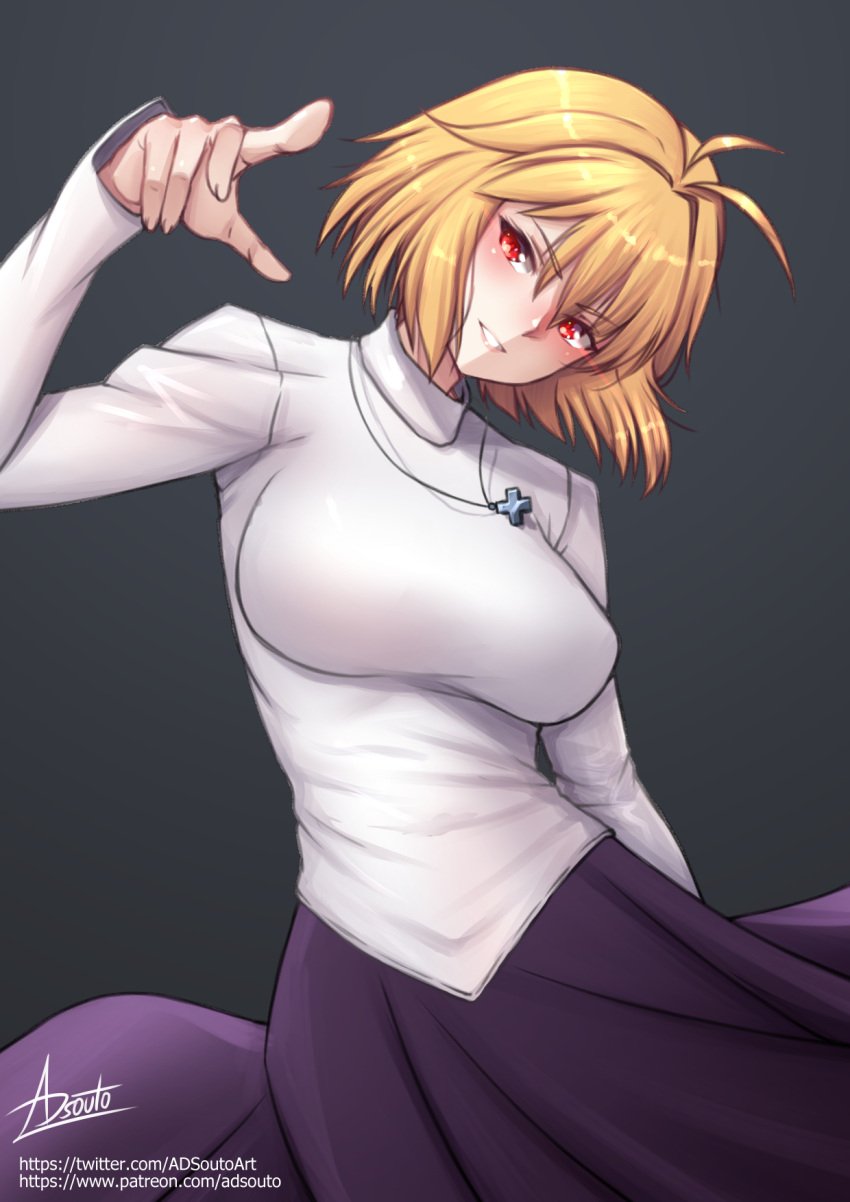 adsouto ahoge arcueid_brunestud blonde_hair breasts cross cross_necklace dress female grin highres impossible_clothes impossible_shirt jewelry medium_breasts necklace pointing pointing_at_viewer purple_dress red_arcueid red_eyes shirt short_hair signature simple_background smile solo tsukihime variant_set white_shirt