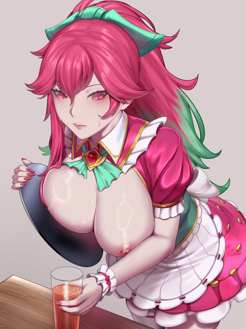 big_breasts breasts_out cafe_cutie_sivir cafe_cuties_series female female_only french_nails huge_breasts kumiko_(aleron) league_of_legends long_fingernails long_nails maid nail_polish painted_fingernails painted_nails pink_hair serving_food serving_tray sivir sweat