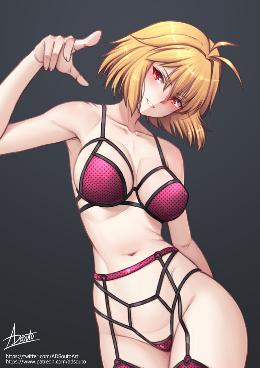 adsouto ahoge alternate_costume arcueid_brunestud blonde_hair breasts collarbone female garter_belt garter_straps grin highres lingerie medium_breasts navel pointing pointing_at_viewer red_eyes short_hair signature simple_background smile solo thighhighs tsukihime underwear variant_set