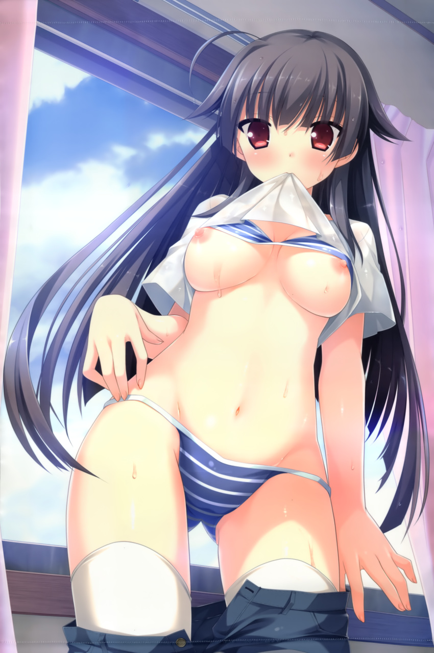 absurdres ahoge black_hair bra breasts curtains female highres hulotte ikegami_akane imouto_no_okage_de_mote_sugite_yabai long_hair mouth_hold navel nipples panties pants_pull red_eyes solo thighhighs toshima_maina underwear white_legwear window