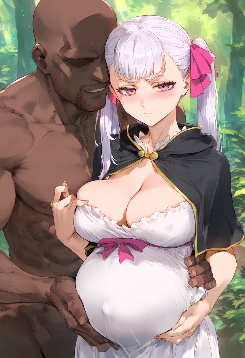 1boy 1girls ai_generated big_breasts black_clover bloated_belly breasts cleavage dark-skinned_male dark_skin hi_res interracial large_breasts light_skinned_female nakatomo noelle_silva pregnant purple_eyes silver_hair twintails