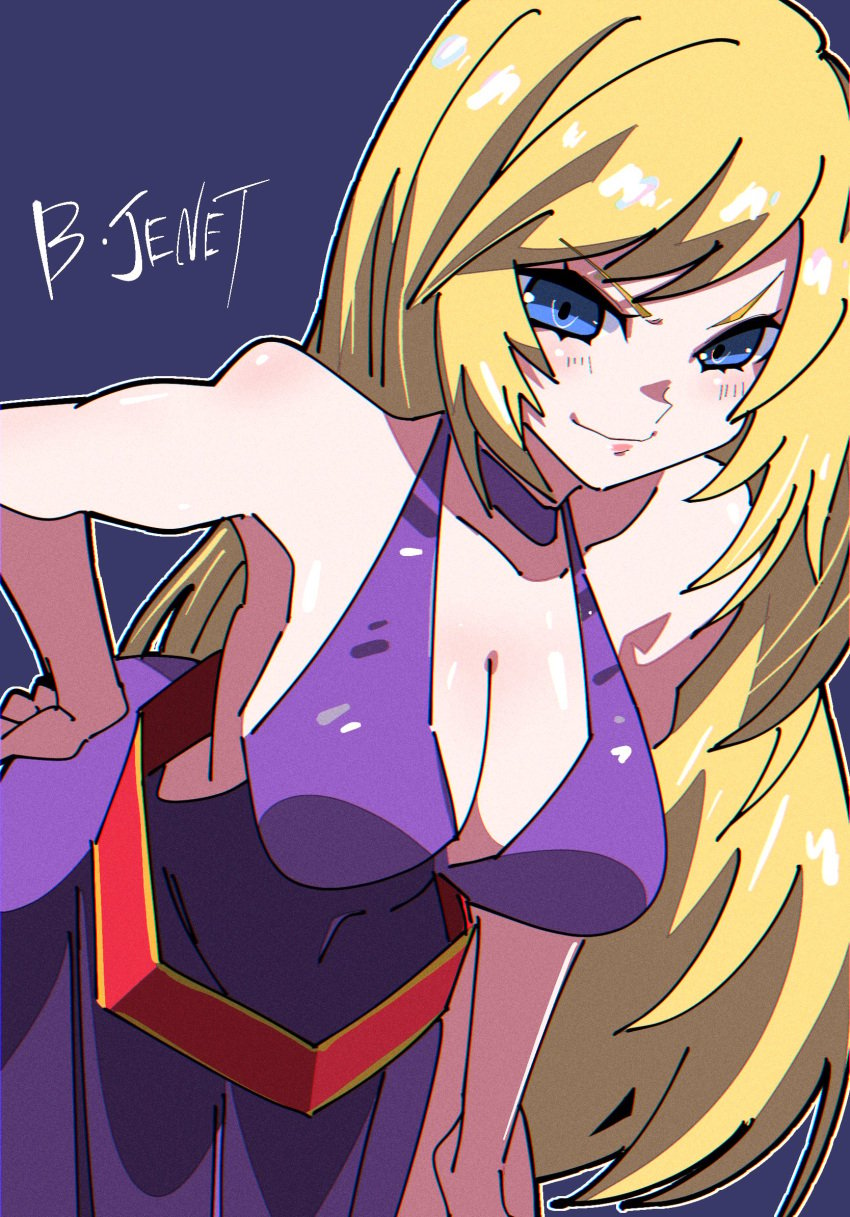 1girls belt bending_forward bent_forward big_breasts big_breasts blonde_hair blue_eyes bonne_jenet breasts cleavage clothed clothed_female dress female hand_on_hip hanging_breasts king_of_fighters light-skinned_female light_skin long_dress long_hair looking_at_viewer necklace pale_skin pirate pov pov_eye_contact purple_dress seducing seductive seductive_eyes seductive_look seductive_pose smile thick wide_hips yaki_usagi