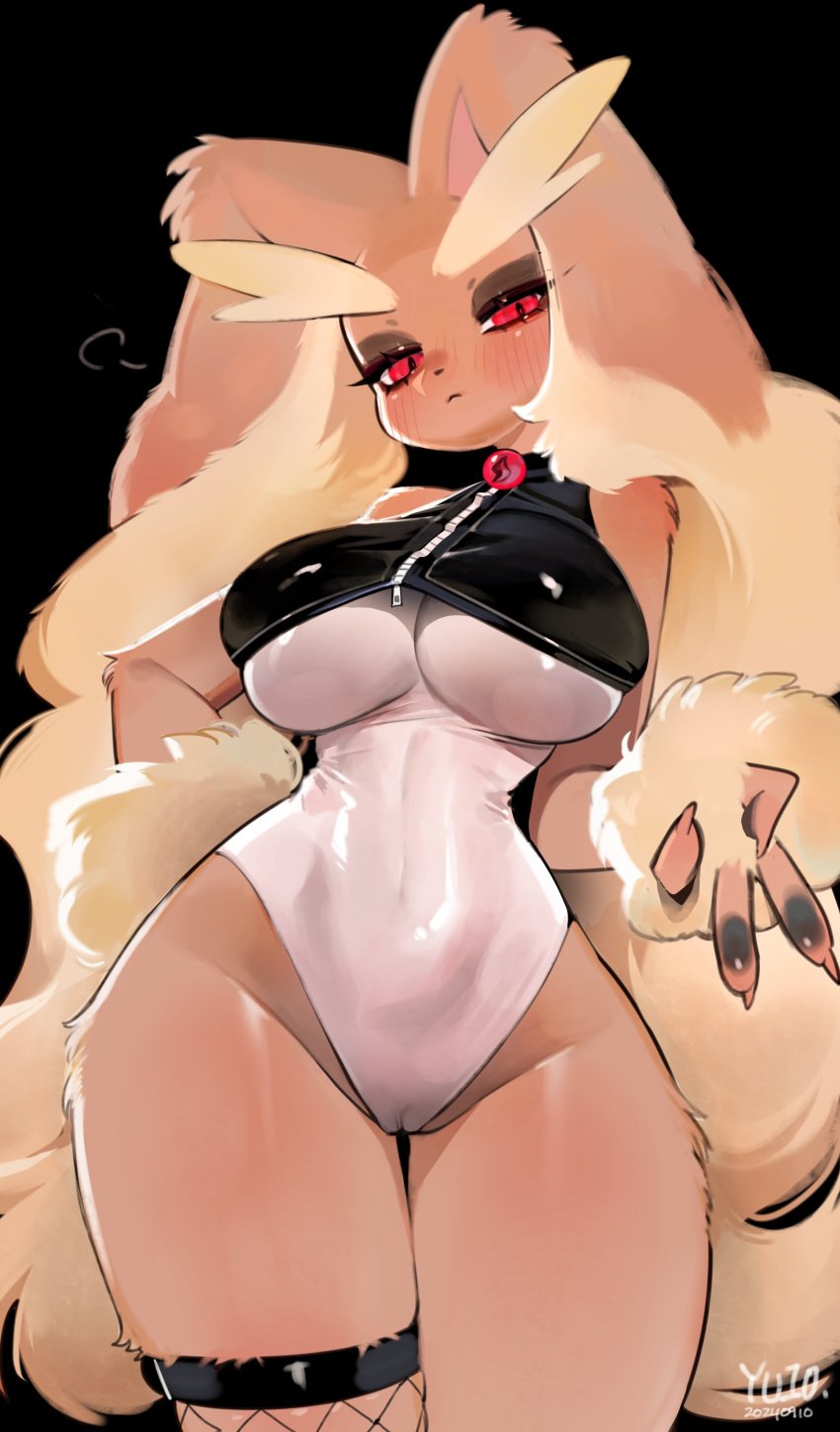 absurd_res anthro big_breasts big_ears biped black_background blush breasts brown_body brown_fur camel_toe clothed clothing eyelashes eyeliner female front_view frown fur generation_4_pokemon hi_res lagomorph legwear leotard looking_at_viewer lopunny makeup mammal nintendo pokemon pokemon_(species) question_mark red_eyes simple_background solo stockings tan_body tan_fur thick_thighs thigh_gap wide_hips yuio