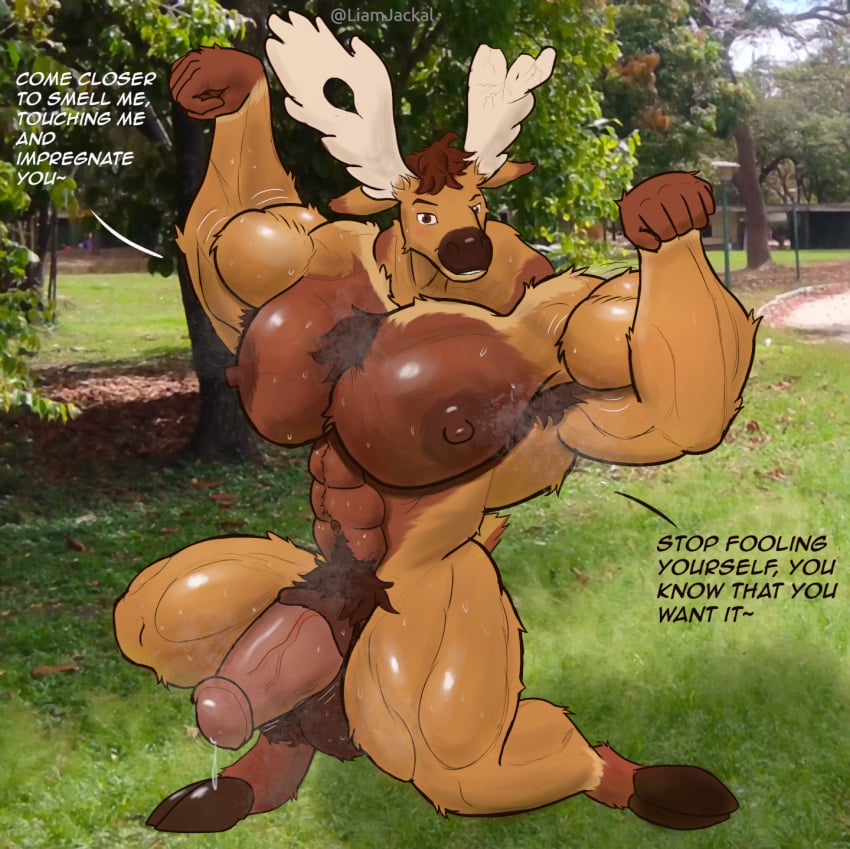 abs anthro armpit_hair balls biceps big_balls big_muscles big_nipples big_pecs big_penis bodily_fluids body_hair brown_body brown_eyes brown_fur brown_nipples chest_hair deer dialogue english_text eyebrows fayro_(fayrofire) flexing flexing_bicep fur genital_fluids genitals hi_res horn huge_cock huge_muscles huge_pecs hyper hyper_muscles leaking_precum liamjackal looking_at_viewer male mammal moose muscular musk musk_clouds musky_armpit musky_balls musky_cock musky_penis new_world_deer nipples nude nude_anthro nude_male pecs penis photo_background photography_(artwork) precum pubes smile solo sweat sweatdrop text