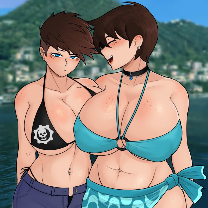 beach big_breasts bikini blush escriba huge_breasts looking_at_viewer milf mother_and_daughter mother_daughter_boob_envy_(meme) oc original_character tomboy