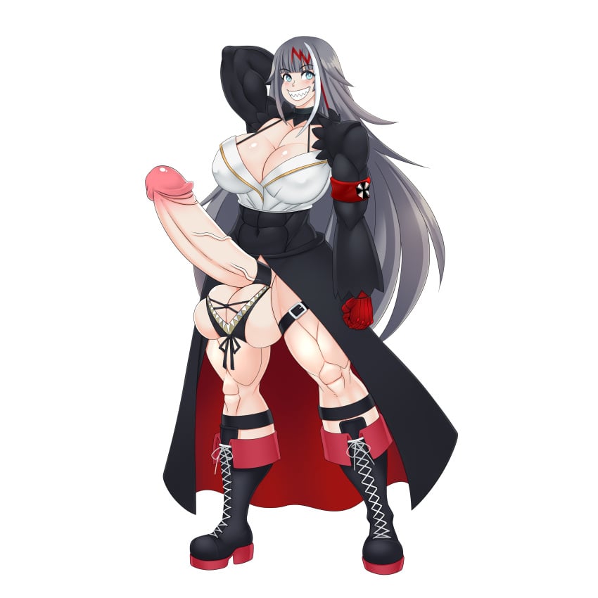 1futa abs armband azur_lane ball_bra balls big_balls big_penis big_testicles black_hair blue_eyes boots bottomless breasts clothed clothing cock_ring deutschland_(azur_lane) erection futa_only futanari grey_hair huge_balls huge_cock human large_breasts light-skinned_futanari light_skin long_hair military_clothing mostly_clothed muscular muscular_futanari penis sharp_teeth skyraptor testicle_bra thigh_strap transparent_background