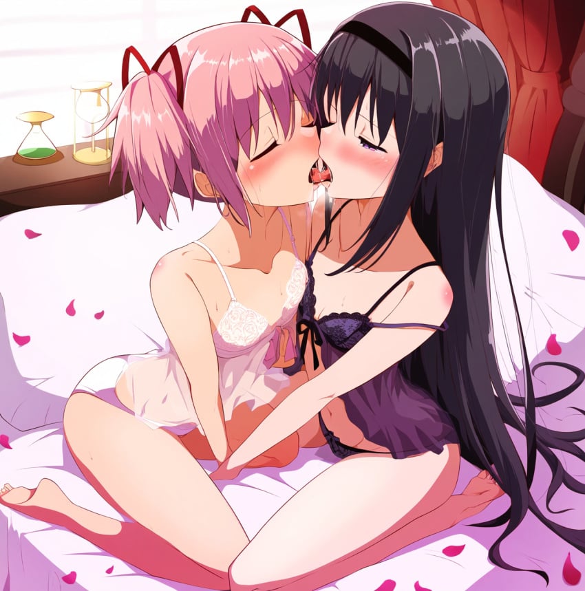 2girls ai_generated akemi_homura bed bedroom black_hair drool drooling french_kiss french_kissing hair_ribbon kissing kissing lingerie lingerie_only long_hair madoka_kaname madoka_worship magical_girl mahou_shoujo_madoka_magica pink_eyes pink_hair puella_magi_madoka_magica purple_eyes red_ribbon ribbon ribbons straight_hair thick_thighs twintails yuri