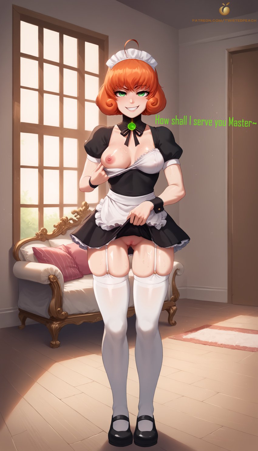 ai_generated flashing flashing_breasts flashing_pussy green_eyes lifting_skirt maid maid_apron maid_headdress maid_outfit maid_uniform no_bra no_panties orange_hair patreon penny_polendina pulling_clothing robot_girl rwby self_upload skimpy skimpy_clothes slutty_outfit tagme text twistedpeach wet_pussy