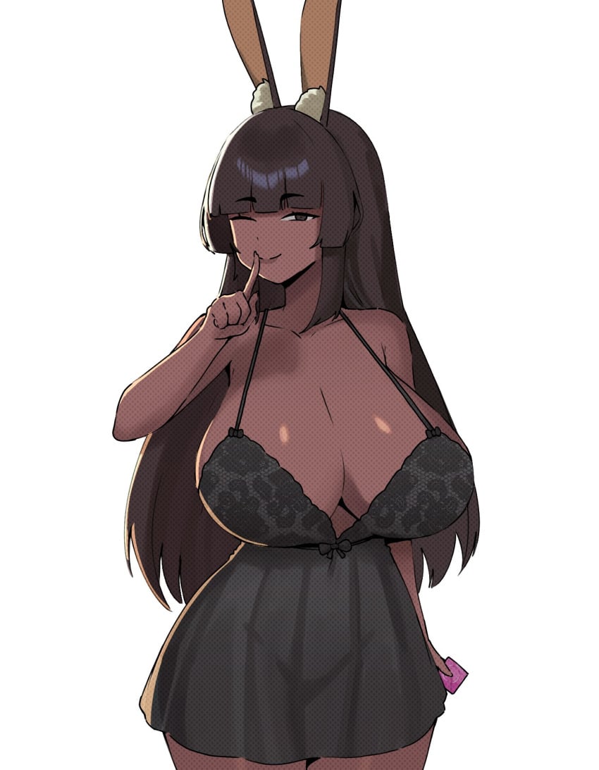 anthro big_breasts black_pajamas brown_body bunny_ears choco_(wozzu1) condom_on_hand jxzuke looking_at_viewer milf pink_condom thick_thighs winking_at_viewer wozzu1 yellow_eyes