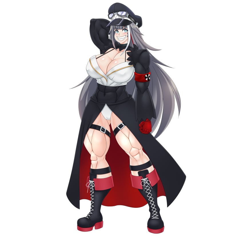 abs armband azur_lane black_hair blue_eyes boots deutschland_(azur_lane) female large_breasts long_hair military_clothing military_hat muscular_female sharp_teeth skyraptor thigh_strap transparent_background