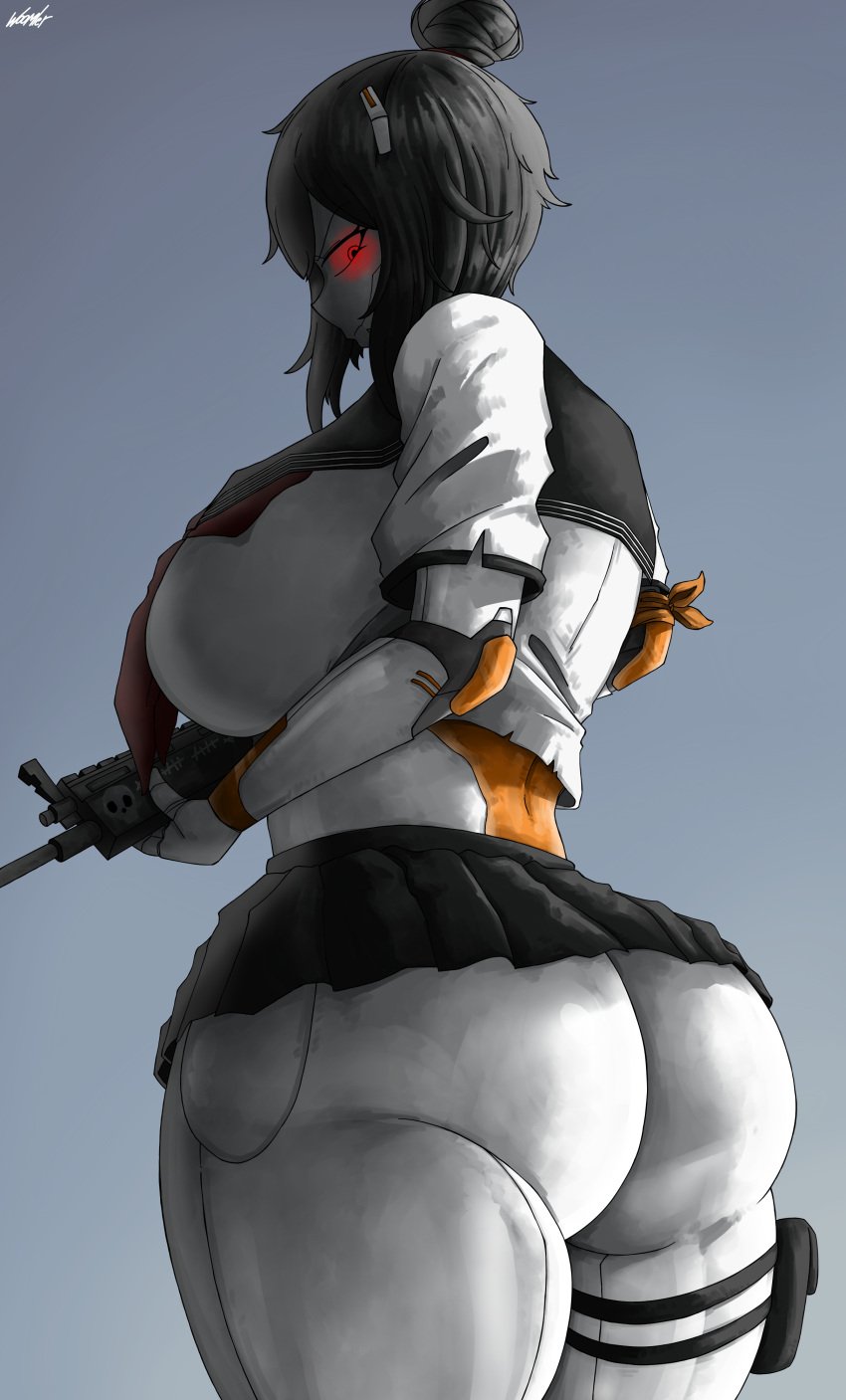 1girls ass ass_focus big_ass big_breasts black_hair breasts clothing female fortnite red_eyes robot robot_girl school_uniform sideboob simple_background solo thick_ass thick_thighs thighs tsuki_(fortnite) woomler