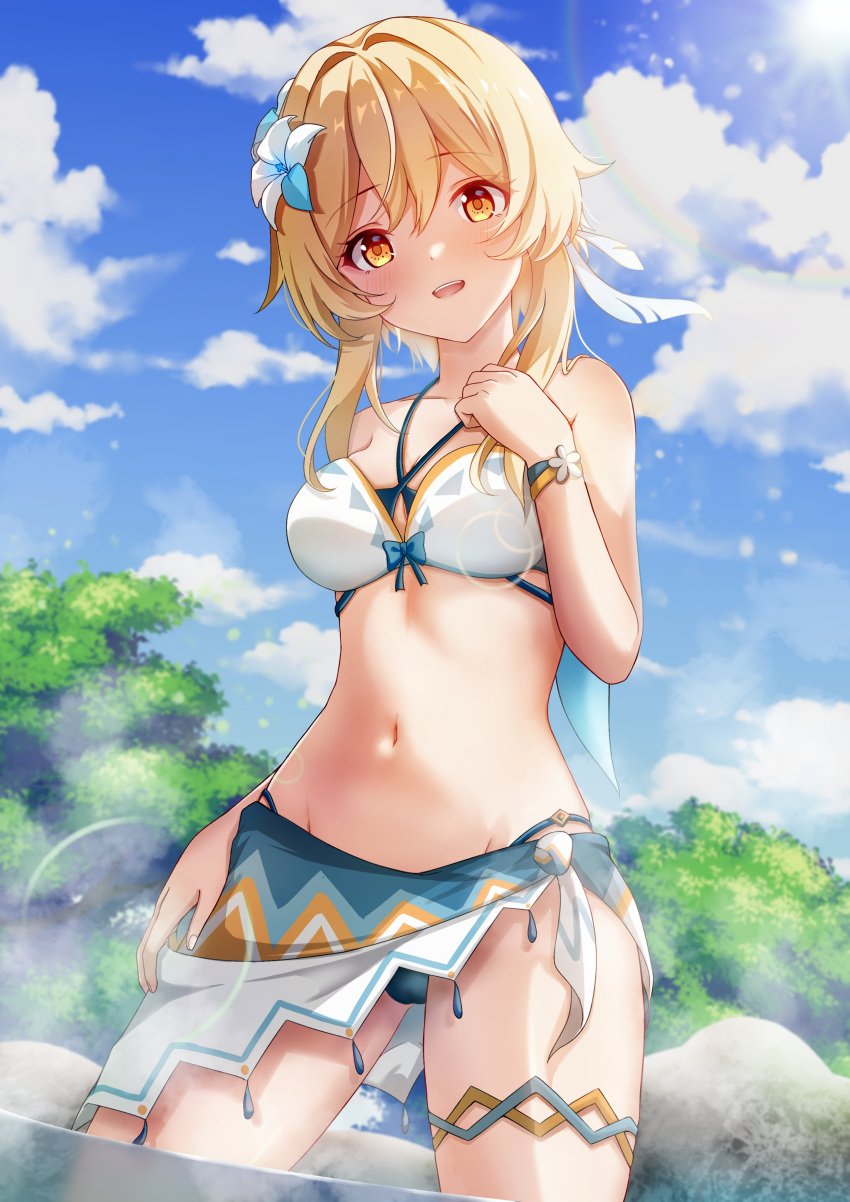 1girls 2024 2d 2d_(artwork) alternate_costume belly_button bikini bikini_bottom bikini_top blonde_hair clouds day female female_focus female_only flowers flowers_in_hair front_view genshin_impact high_resolution highres light-skinned_female light_skin looking_at_viewer lumine_(genshin_impact) medium_breasts navel official_alternate_costume outdoors short_hair sky slim_girl smiling smiling_at_viewer solo solo_female solo_focus standing standing_in_water suraberu swimsuit thong thong_bikini water yellow_eyes young younger_female