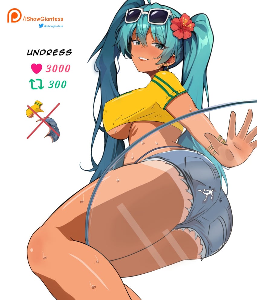 artist_request ass ass_focus attractive beautiful_female bitch brazil brazilian brazilian_female brazilian_miku breasts dark-skinned_female dark_skin earrings female female_focus hatsune_miku highres jeans_shorts jewelry large_breasts legs long_hair perfect perfection provocating provocative sexually_suggestive shorts vocaloid