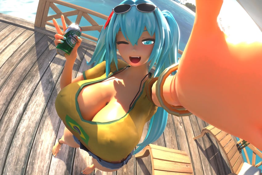 1boy 1girl 3d artist_request between_breasts blue_hair brazil brazilian brazilian_female brazilian_miku breasts daylight female female_pervert giantess hatsune_miku heineken highres jeans_shorts large_breasts light_blue_eyes light_blue_hair light_blue_nails long_hair micro_on_breasts pervert presenting selfie sexually_suggestive shorts solo summer tanned-skinned_female tanned_female tanned_skin vocaloid wink