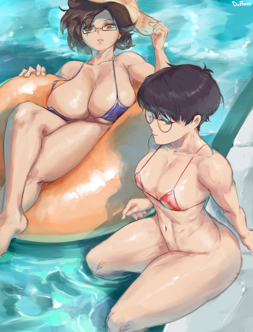 2girls absurd_res bikini breasts duffmox female female_only floatie glasses hi_res large_breasts looking_at_viewer original original_character pixie_cut pool swimsuit thick_thighs thighs water wide_hips