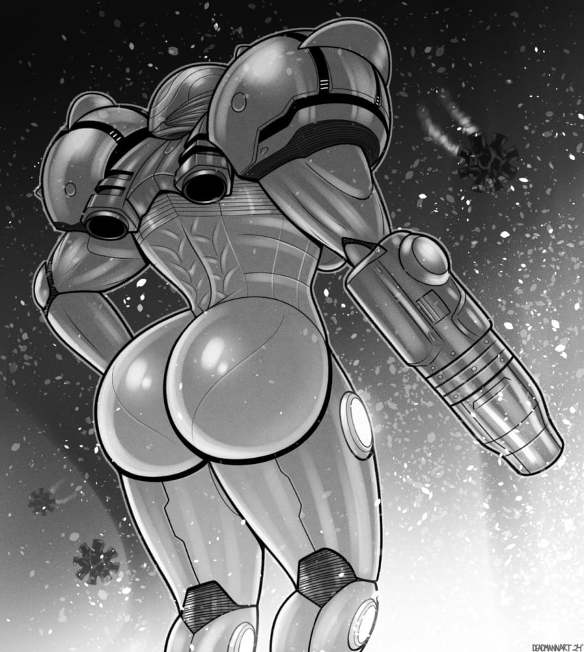 arm_cannon armor armored_samus ass back_view big_ass big_butt black_and_white helmet metroid pauldrons power_armor power_suit samus_aran sideboob snowing varia_suit varia_suit_helmet walkingdeadmann