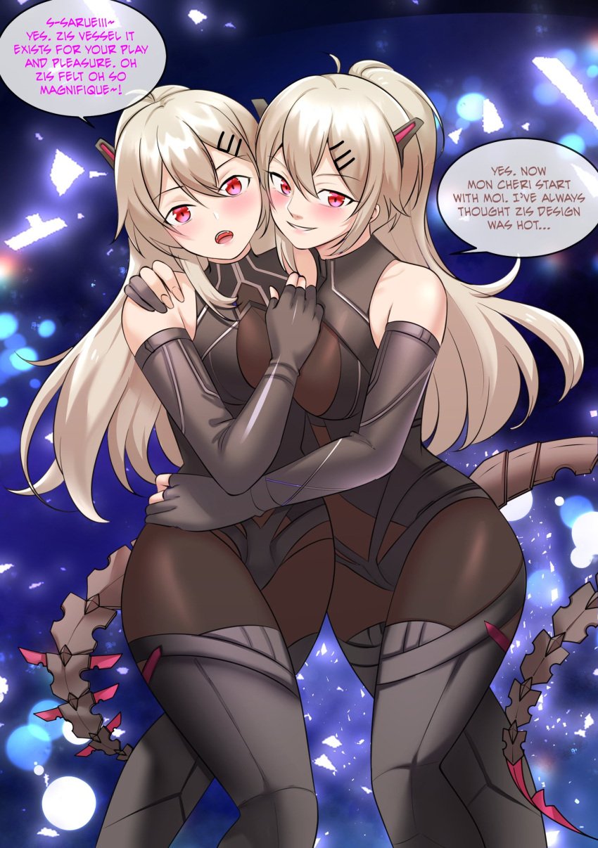 2girls blush comic embrace meowwithme(artist) mtf_transformation red_eyes saruei_(vtuber) tail text tight_clothing twinning virtual_youtuber white_hair