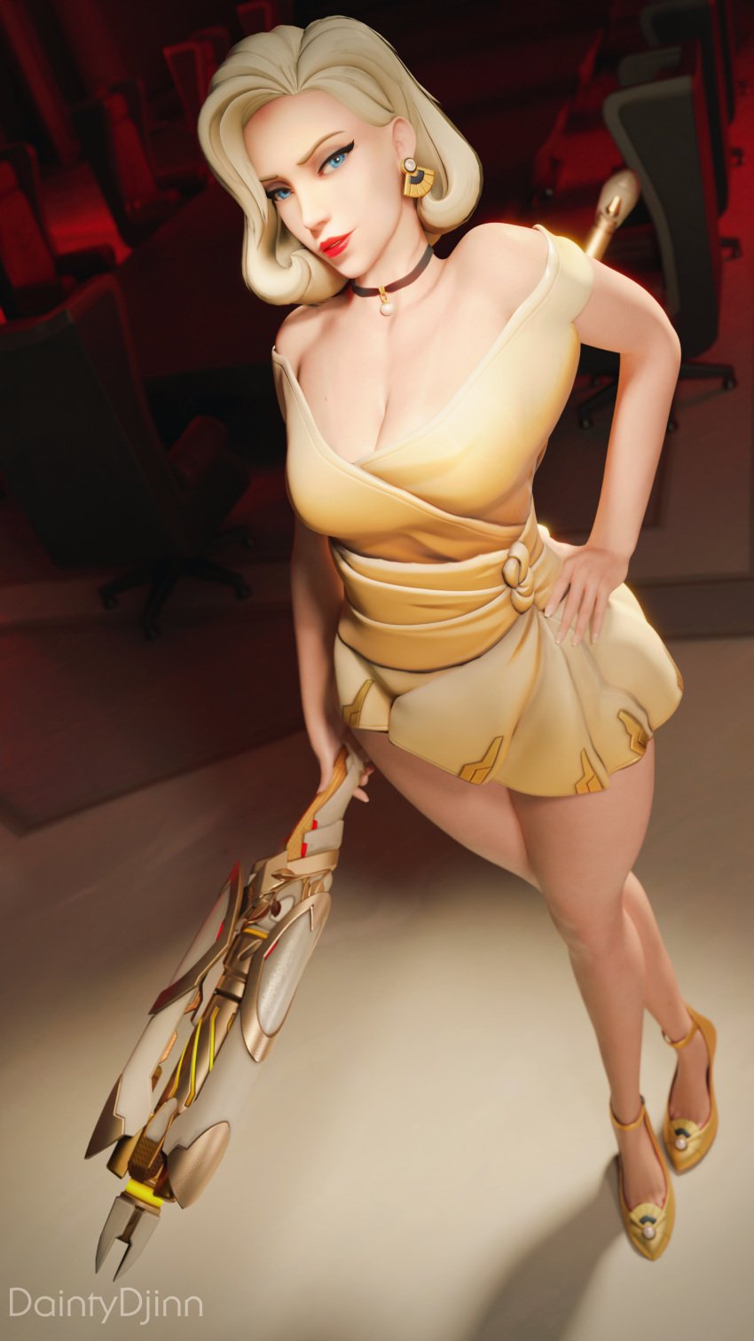 1girls 3d bare_shoulders blizzard_entertainment blonde blonde_female blonde_hair blonde_hair_female blue_eyes choker classy cleavage crossed_legs daintydjinn dark_red_lipstick dress earrings eyelashes fancy_clothing female formal formalwear_mercy golden_dress high_heels indoors jewelry looking_at_viewer makeup mature_female mercy milf overwatch red_lipstick revealing_clothes revealing_dress short_dress solo solo_female styled_hair tagme thighs