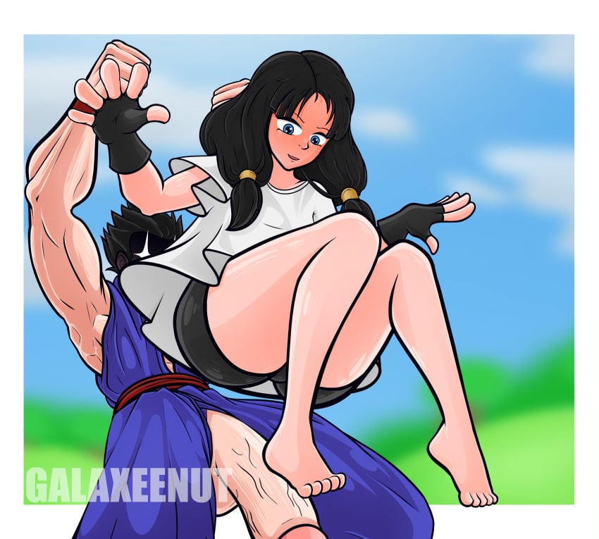 1girls ass black_hair blue_eyes breasts dragon_ball dragon_ball_super dragon_ball_z embarrassed feet female floating full_body fully_clothed galaxee_nut huge_cock legs legs_together legs_up nipple_piercing nipples obscured_face offering penis pussy request shirt short_shorts shorts shy son_gohan thighs twintails twintails videl