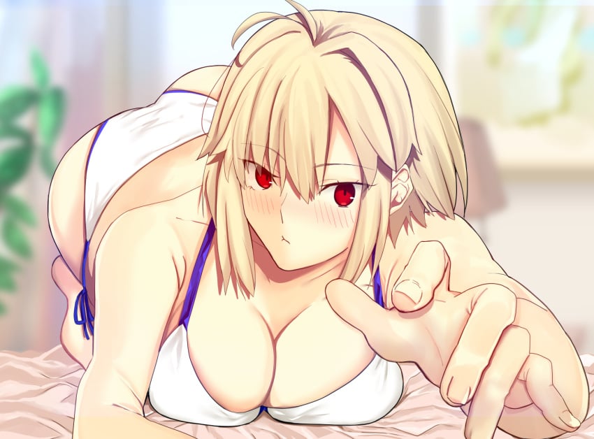 arcueid_brunestud ass bare_shoulders bikini blonde_hair blush breasts choppy_bangs cleavage collarbone hair_between_eyes iro_(sekaixiro) large_breasts looking_at_viewer lying on_stomach raised_hips reaching reaching_towards_viewer red_eyes side-tie_bikini_bottom swimsuit tsukihime type-moon white_bikini