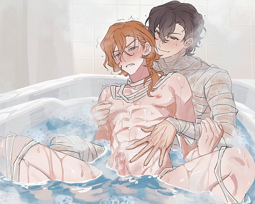 2boys athletic athletic_male bandage bandages bath bathing bathing_together blue_eyes blush blush_lines blushing blushing_male brown_eyes brown_hair brown_hair_male bungo_stray_dogs chuuya_nakahara color colored dazai_osamu erect_penis erection fit_male in_bath in_bathtub lean_body lean_muscle long_hair male_only nakahara_chuuya nipple_tweak nipples osamu_dazai red_hair red_hair_male short_hair soukoku steam steaming steamy touching_nipple touching_nipples touching_stomach